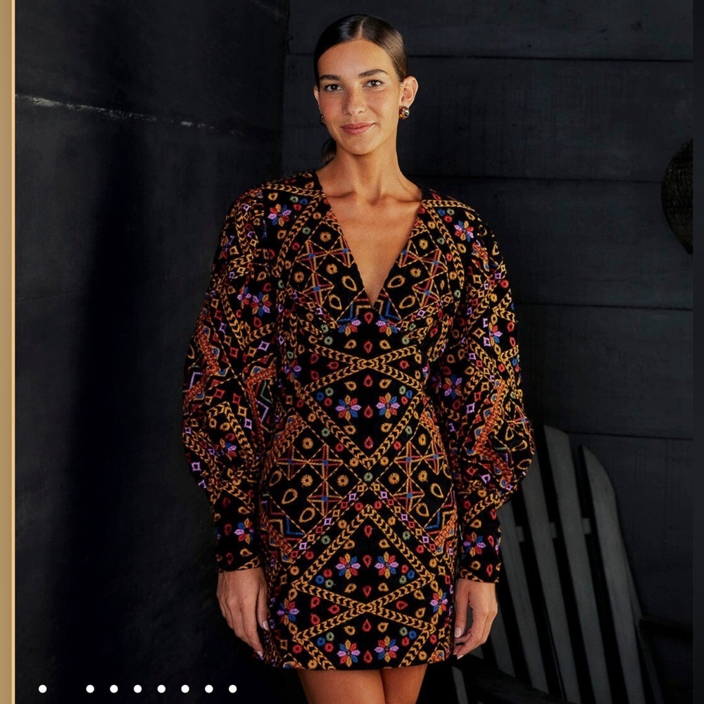 Farm Rio Embroidered Corduroy Puff Sleeve Mini Dress